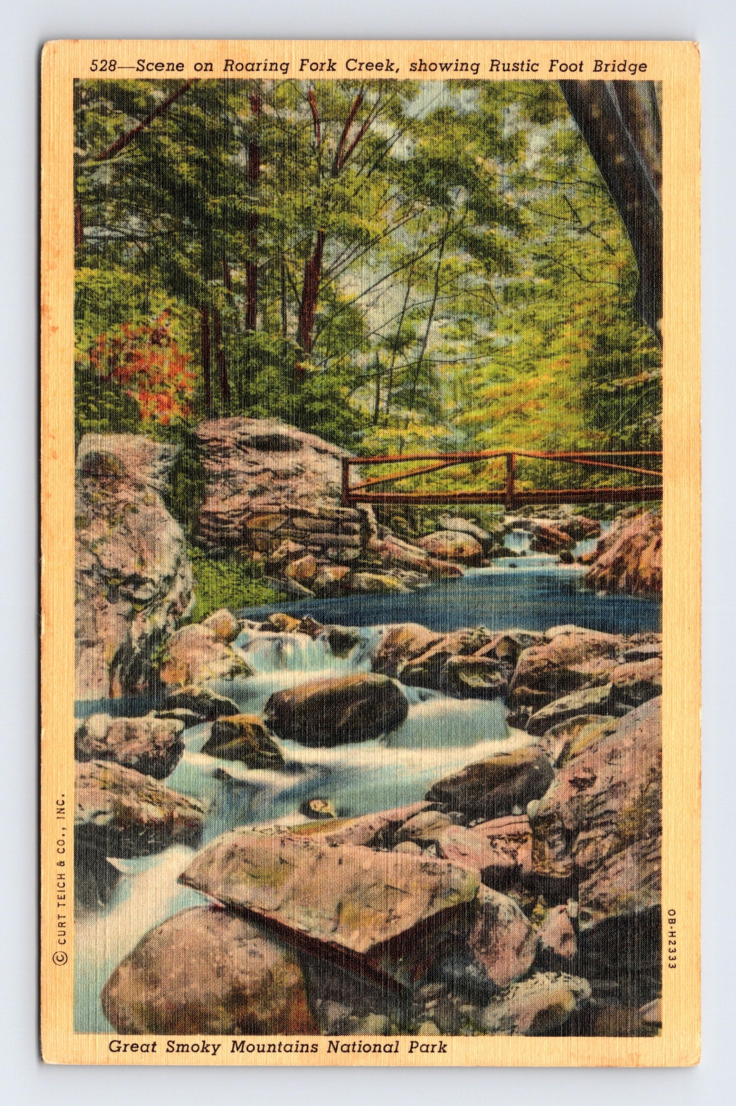 c1940 Linen Postcard Smoky Mountains Roaring Fork Greek Foot Bridge