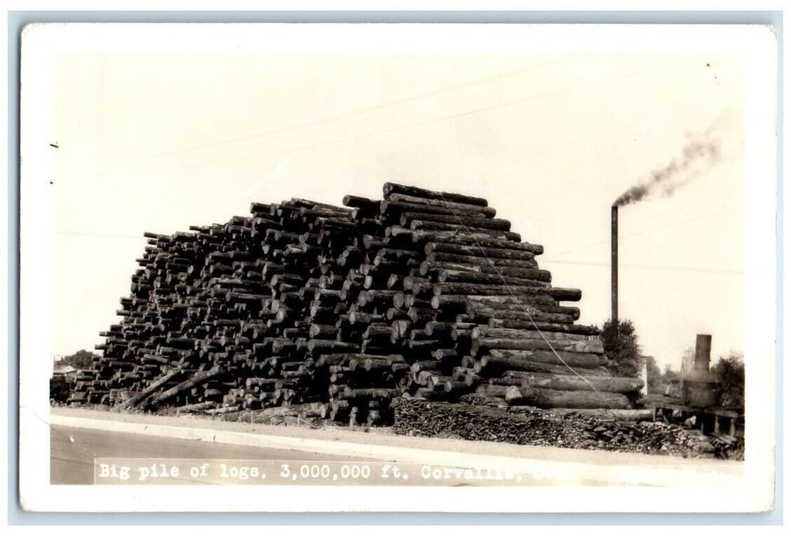 c1940's Log Pile Logging Smokestack View Corvallis OR RPPC Photo Postcard