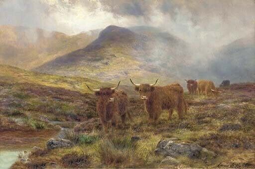 Oil painting Louis_Bosworth_Hurt-A_Skye_Moorland cows cattles in landscape art