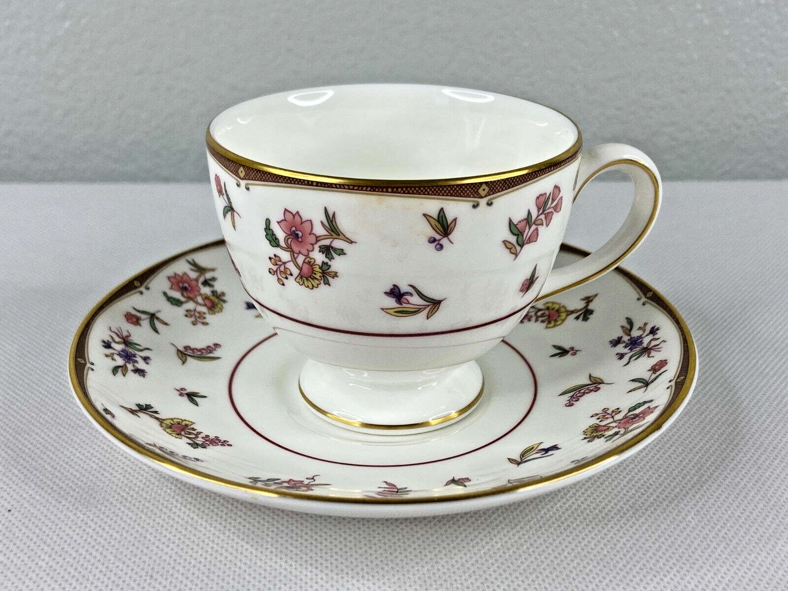 Wedgwood Floral Tea Cup & Saucer Gold Deco Trim Butterfly