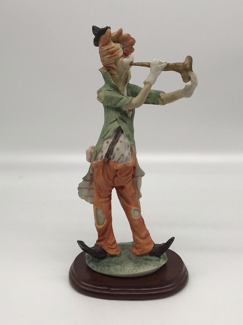 Vintage 1984 Pucci Arnart  Hobo Clown Figurine Playing Horn Trumpet Wood Base