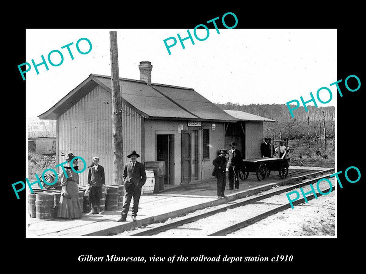OLD LARGE HISTORIC PHOTO OF GILBERT MINNESOTA RAILROAD DEPOT STATION c1910