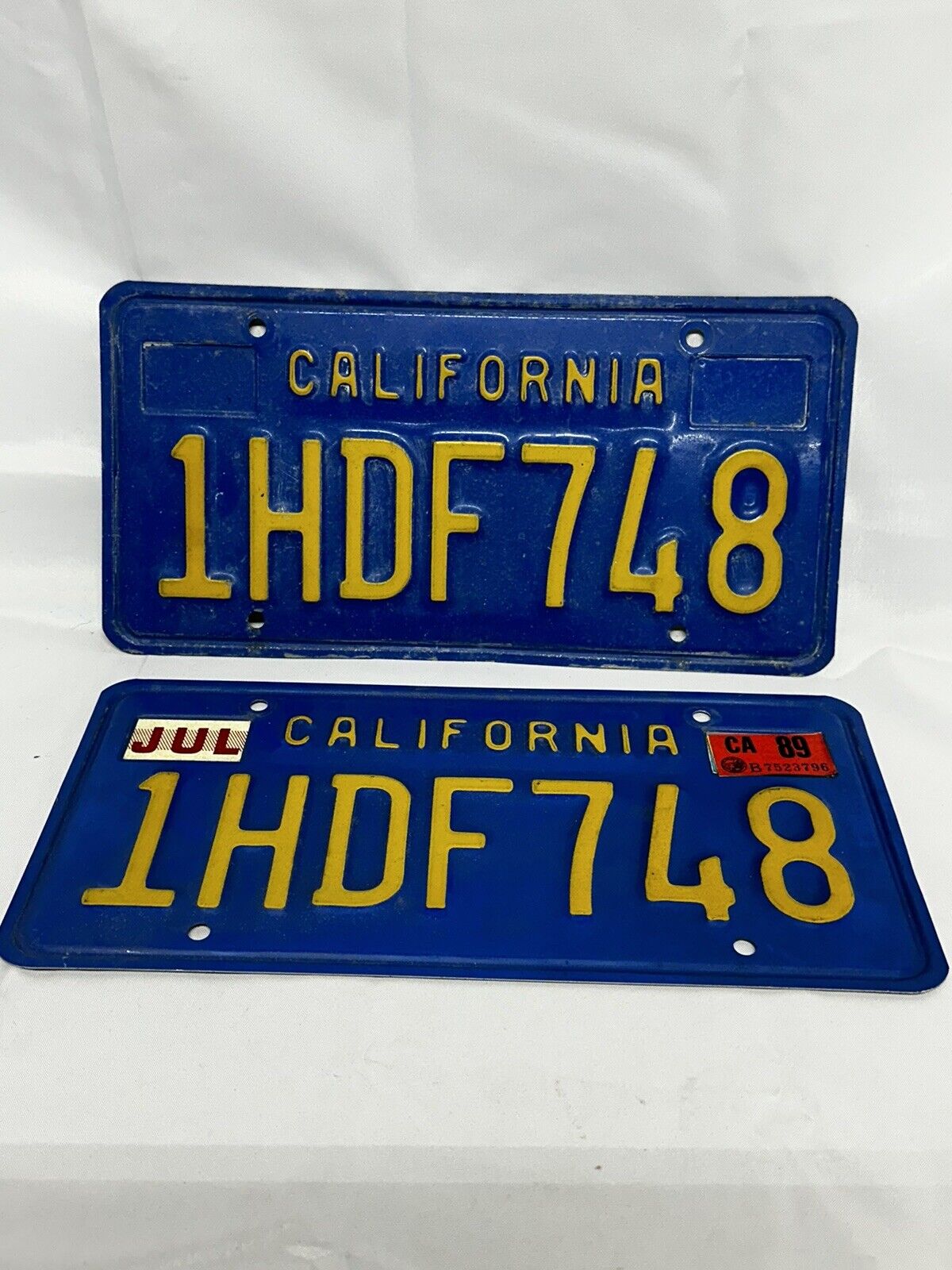 Vintage 1976 California License Plates 1HDF748 Matched Pair Blue & Yellow