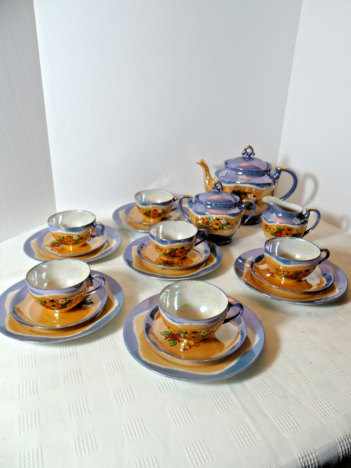 Vintage Japan Chikaramachi Lusterware Peach & Blue Tea Set Service for 6 