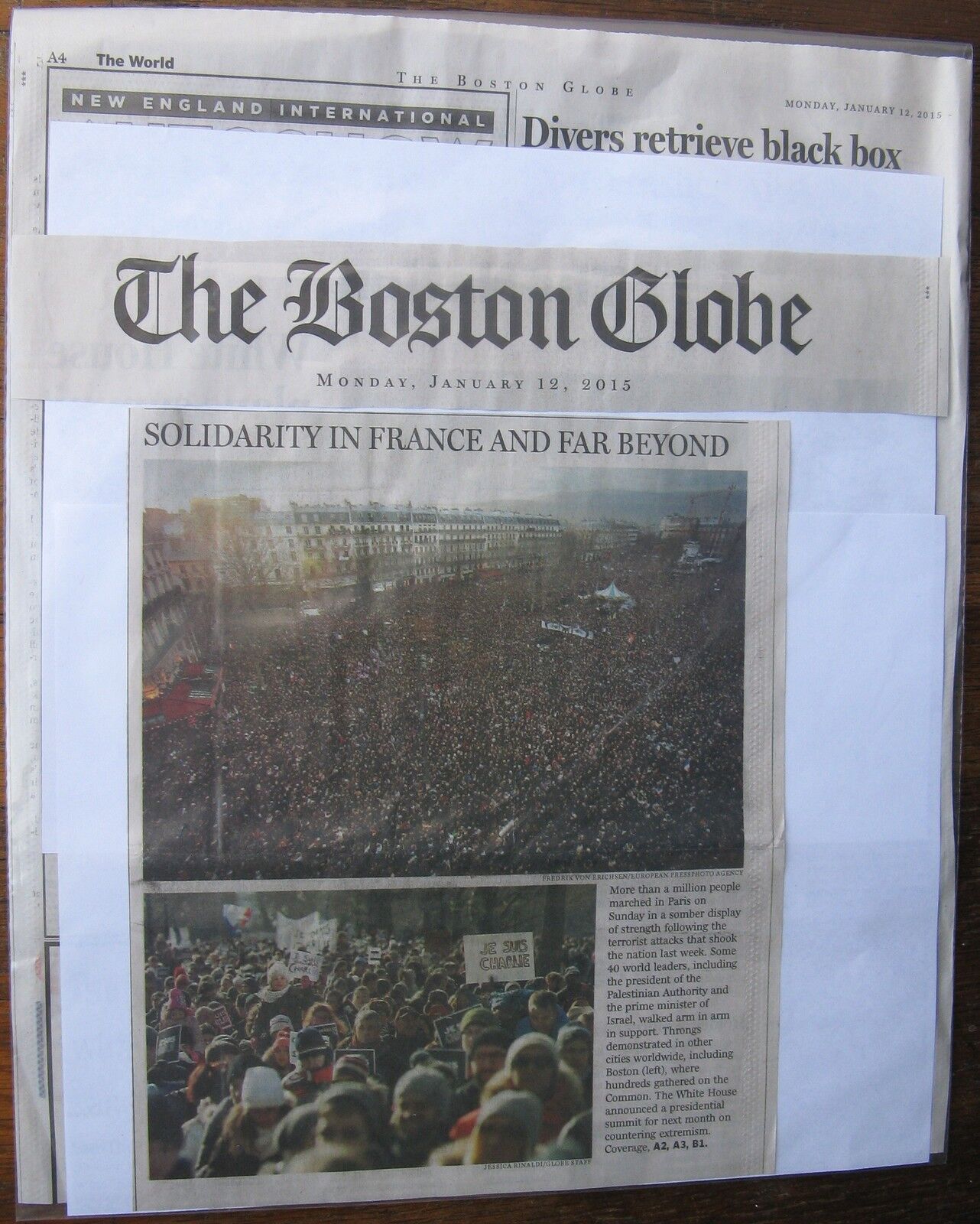 News Clipping: Boston Globe 1/12/ 2015 One Million March In Solidarity In Paris 