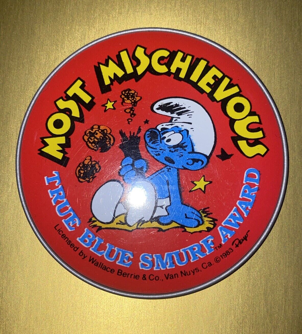 Vintage Smurf's Most Mischievous True Blue Smurf Award Sticker Back Button 1983