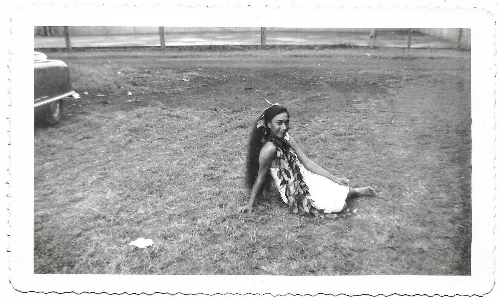 Vintage Old 1950s Photo of Native Hawaiian Woman Girl with Very Long Hair & Leis
