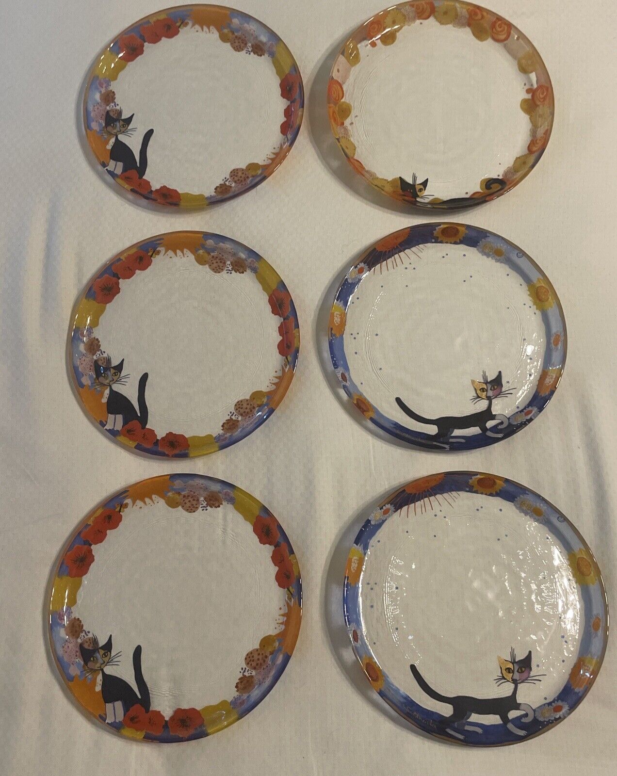 Goebel Rosina Wachtmeister Collectible 8” Glass Cat Plates 6pc Set Signed EUC