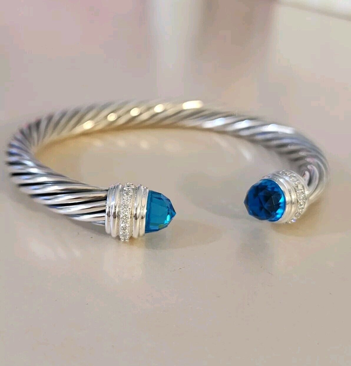 David Yurman 7mm Cable Classics Cuff Bracelet 925 Silver  Blue Topaz & Diamonds