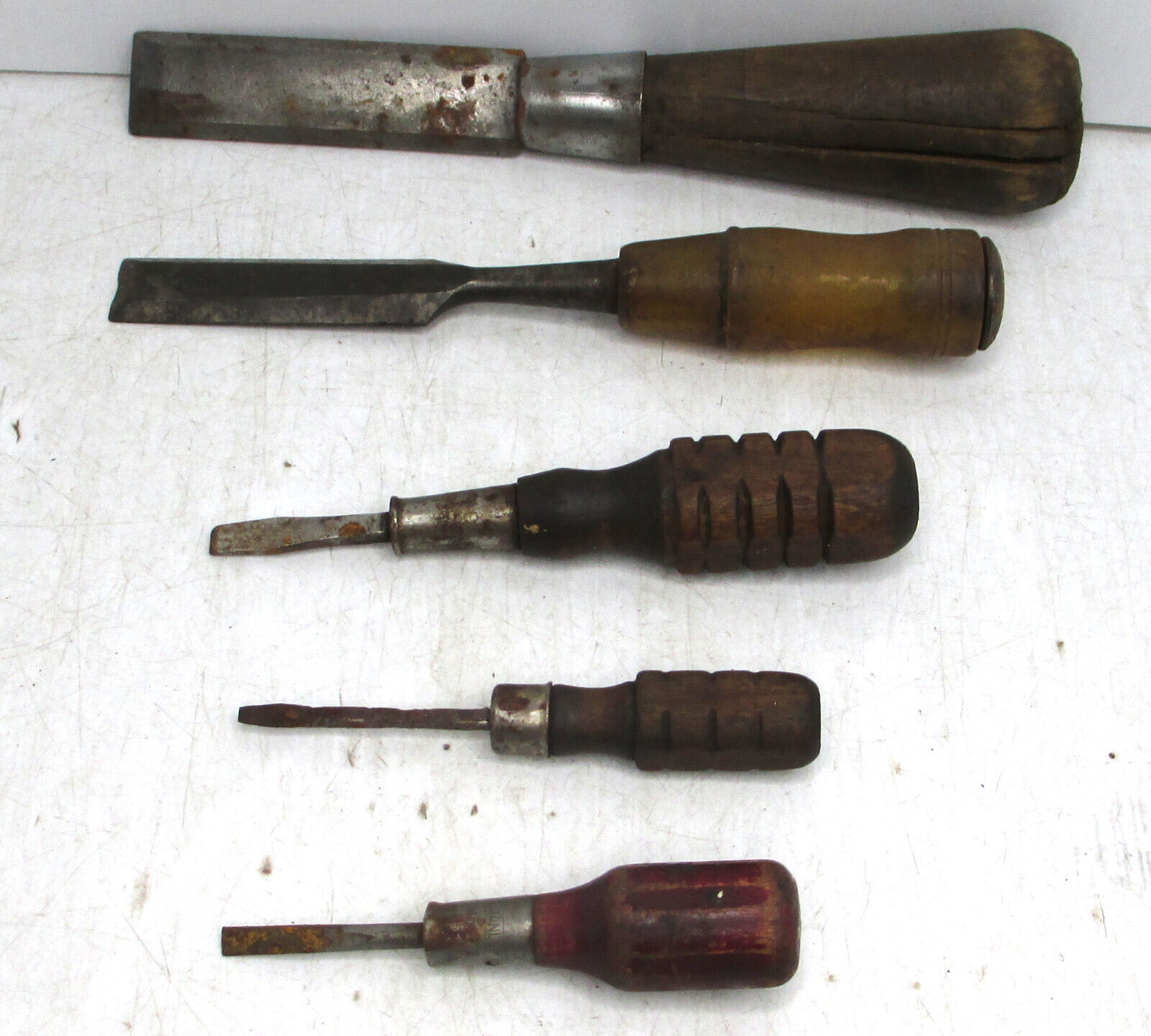5 Vintage Mid Century Wood Handle Tools Chisels Screwdrivers Stanley Mac Sabina
