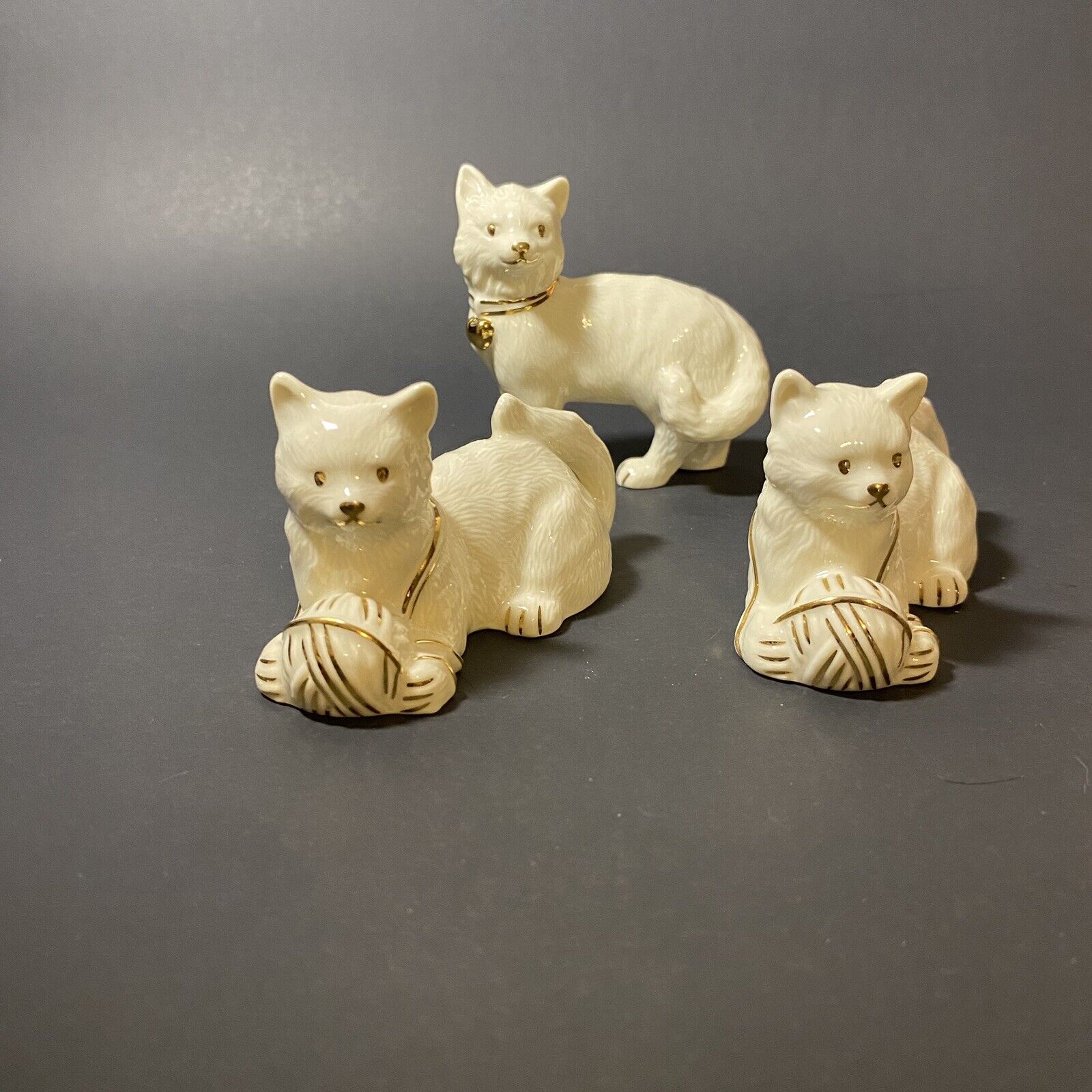 Lenox Porcelain Kitten Kitty Cat Laying with Ball of Yarn Figurine White Set (3)
