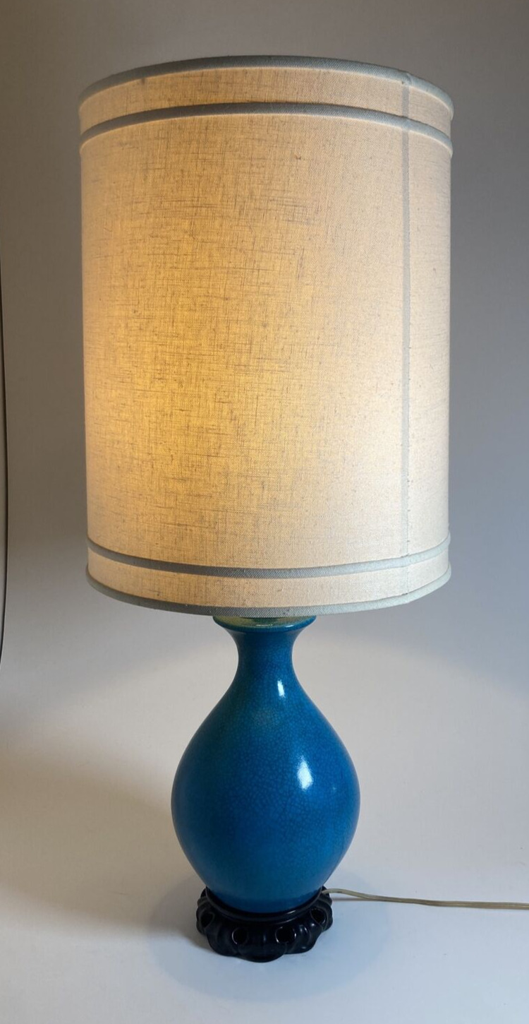 Vintage Blue Crackle Ceramic Vase Lamp /w Barrel Shade -Asian Japan MCM -Large