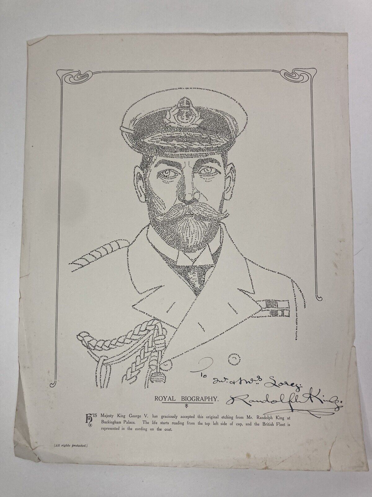 King George v RARE Portrait Signed Print, Randolph king  - HIS LIFE IN HIS FACE