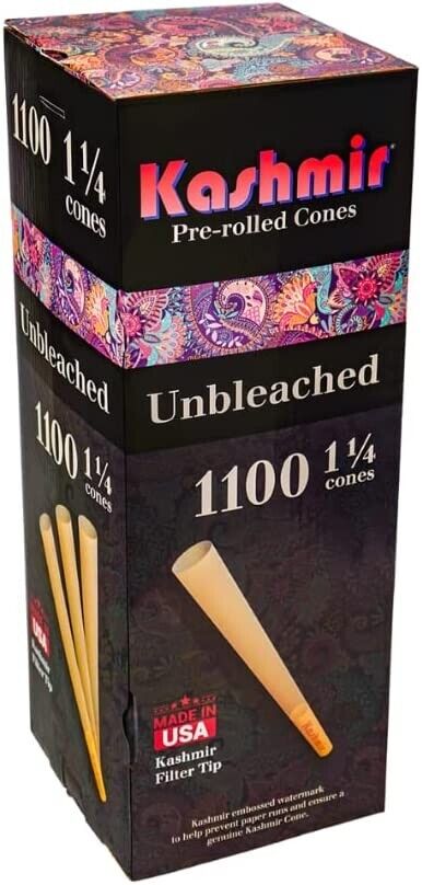 Pre Rolled Cones 1 1/4 Size Bulk 1100 Unbleached Rolling Paper Cones by Kashmir