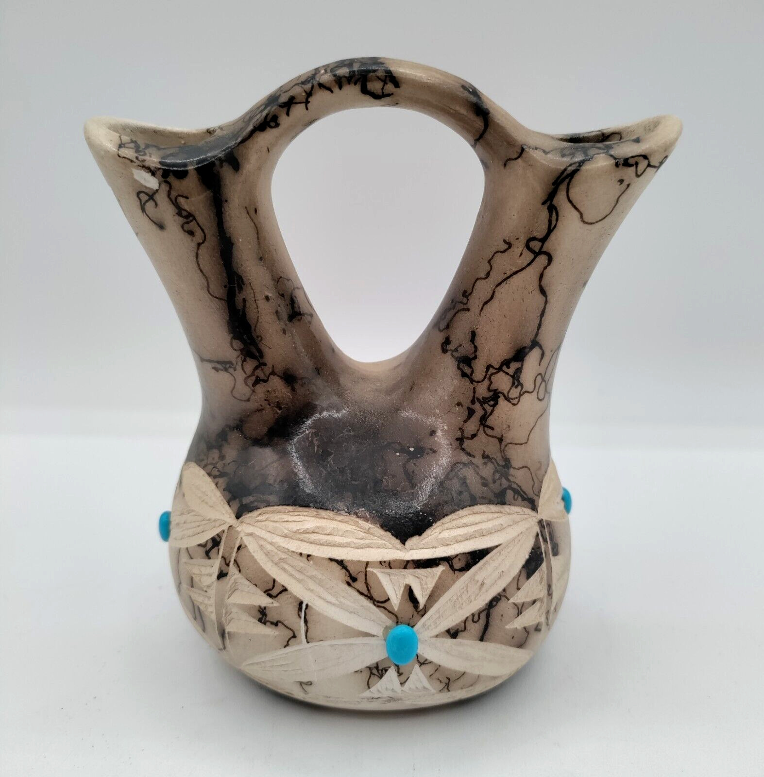 Tom Vail Navajo Etched Horse Hair Pottery Mini Wedding Vase Southwest Signed