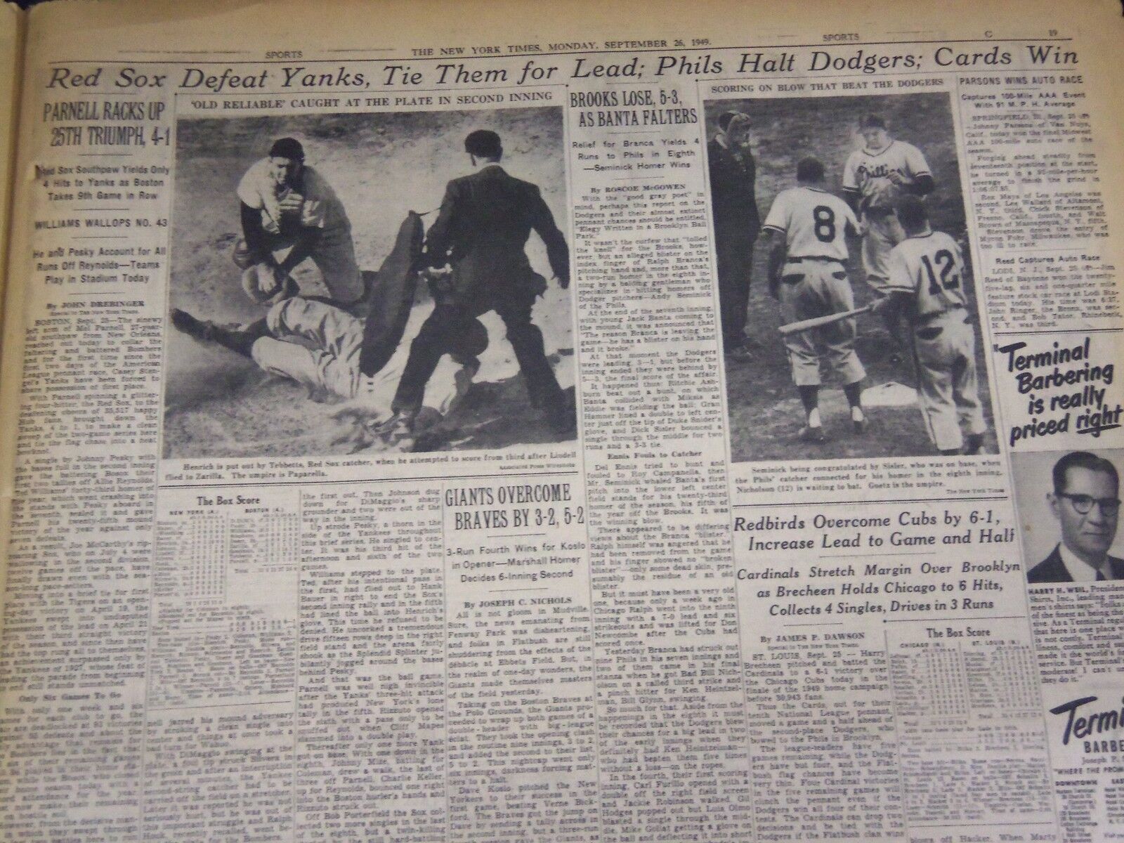 1949 SEPTEMBER 26 NEW YORK TIMES - YANKS TIED FOR LEAD - NT 3663