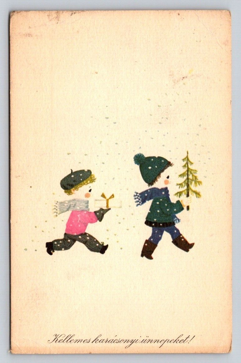 Vintage Children Carrying Presents Tree Snowing Christmas P137AX
