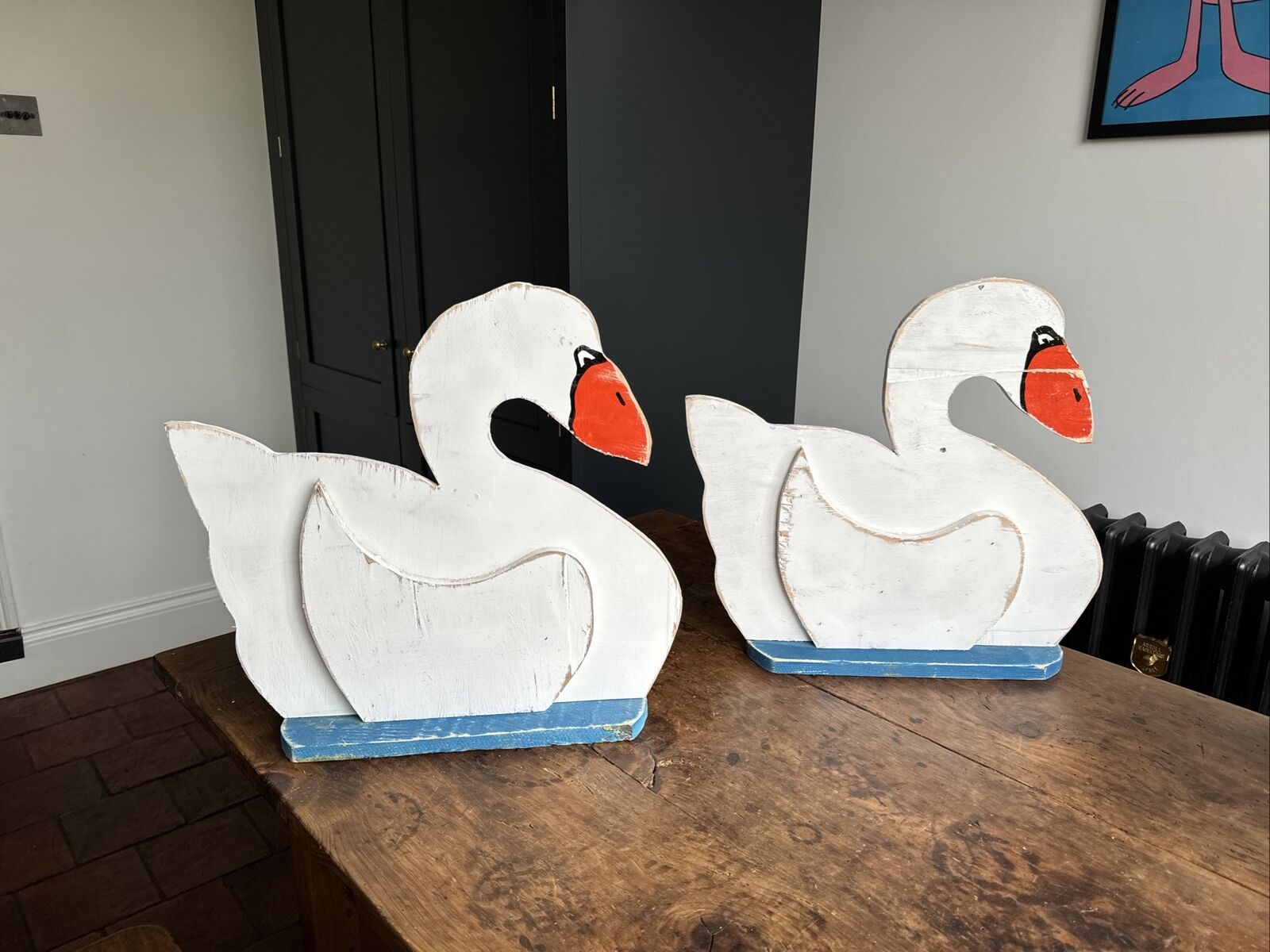 Vintage Swans X 2 Fairground Circus Wooden Hand Painted Retro Sign - Rustic