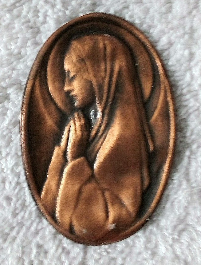 Vintage 1940's French Bronze Praying Virgin Mary Medal