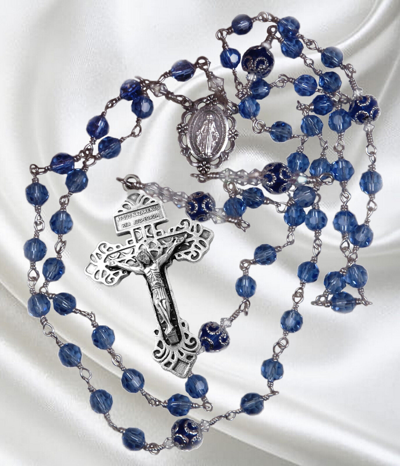 Unbreakable Handmade Catholic Rosary Czech Crystal Sapphire Pardon Crucifix