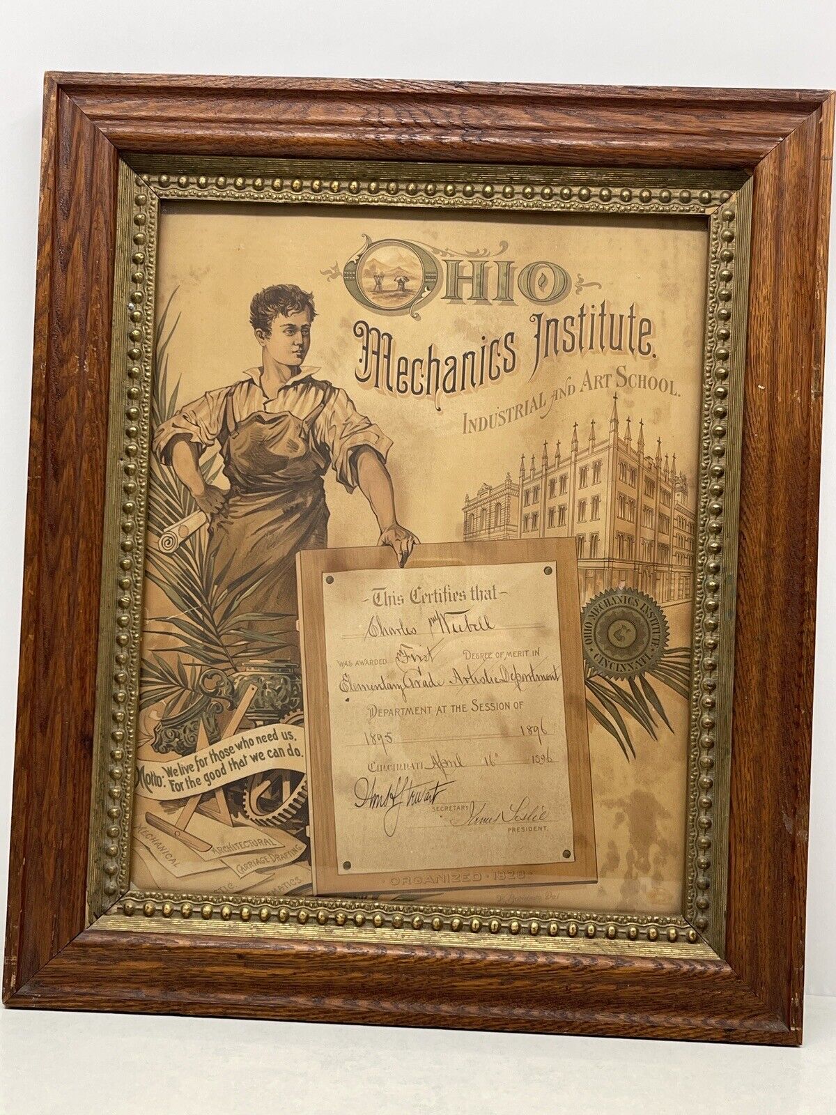 1896 Ohio Mechanics Institute Industrial & Art School Certificate - Cincinnati