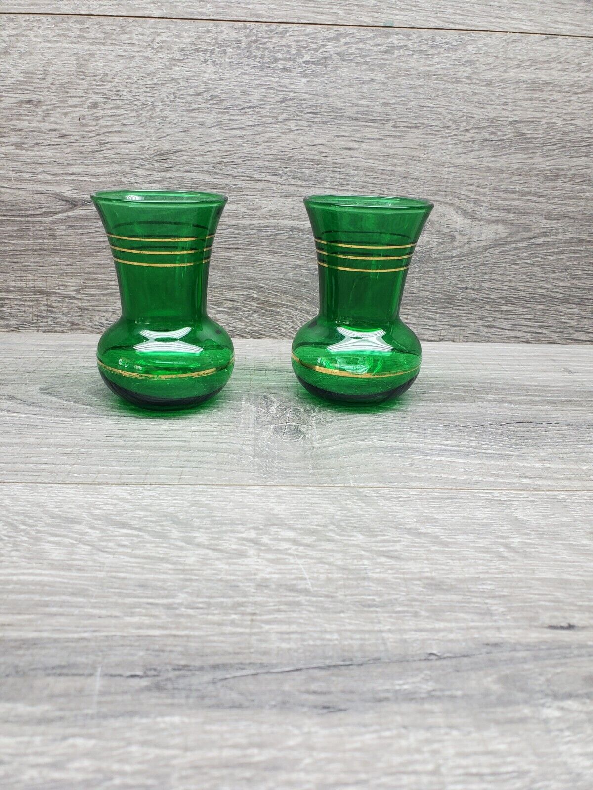 Vtg Emerald Forest Green Small Glass Bud Vase Set If 2 Matching