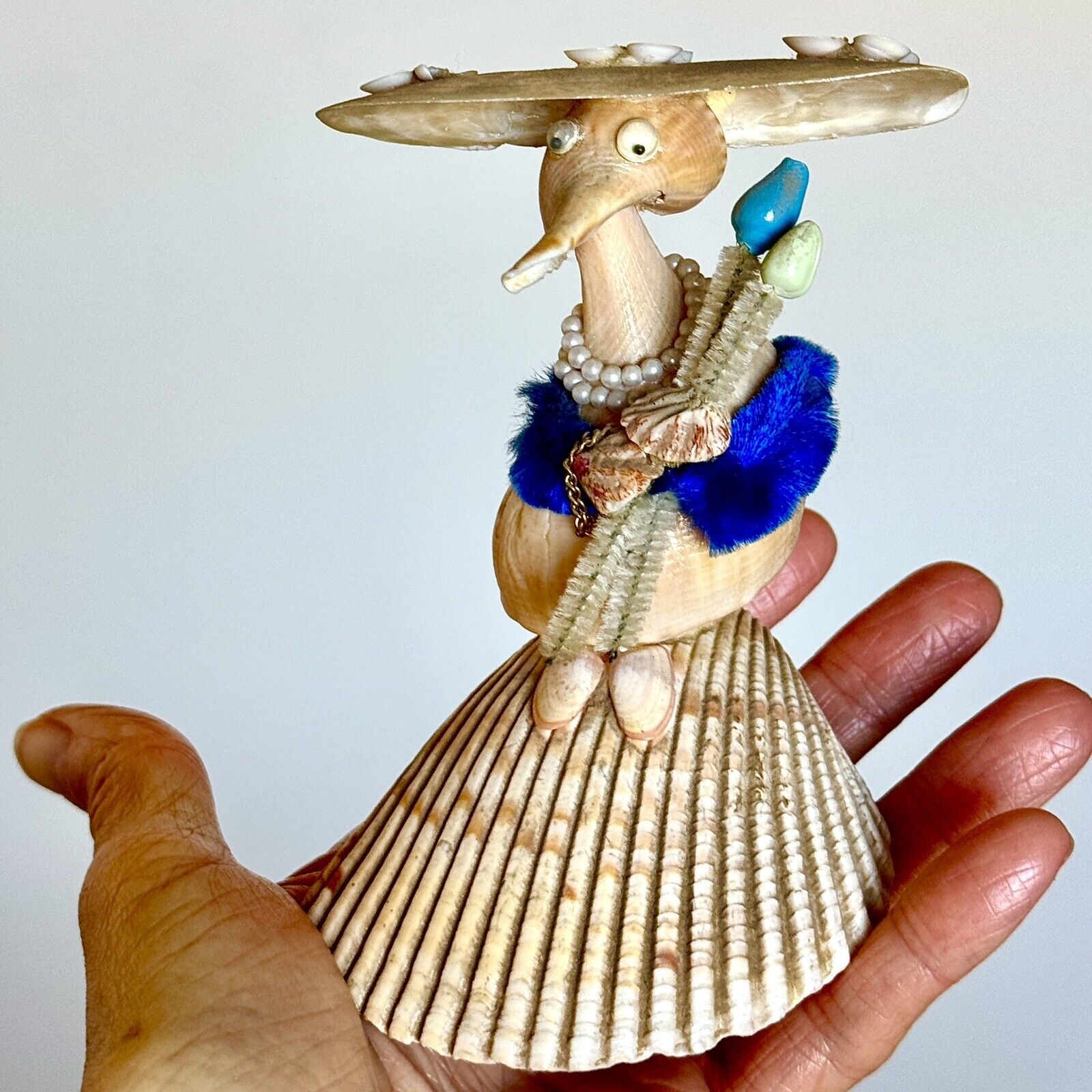 Doll Woman Hat Seashell Folk Art Figure Sculpture Curio Souvenir Handmade VTG