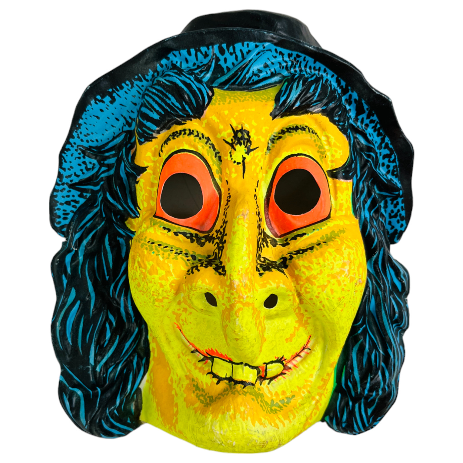 Vintage Halloween Mask Plastic Witch Creepy Wart Teeth Blue 1960s 70s Costume