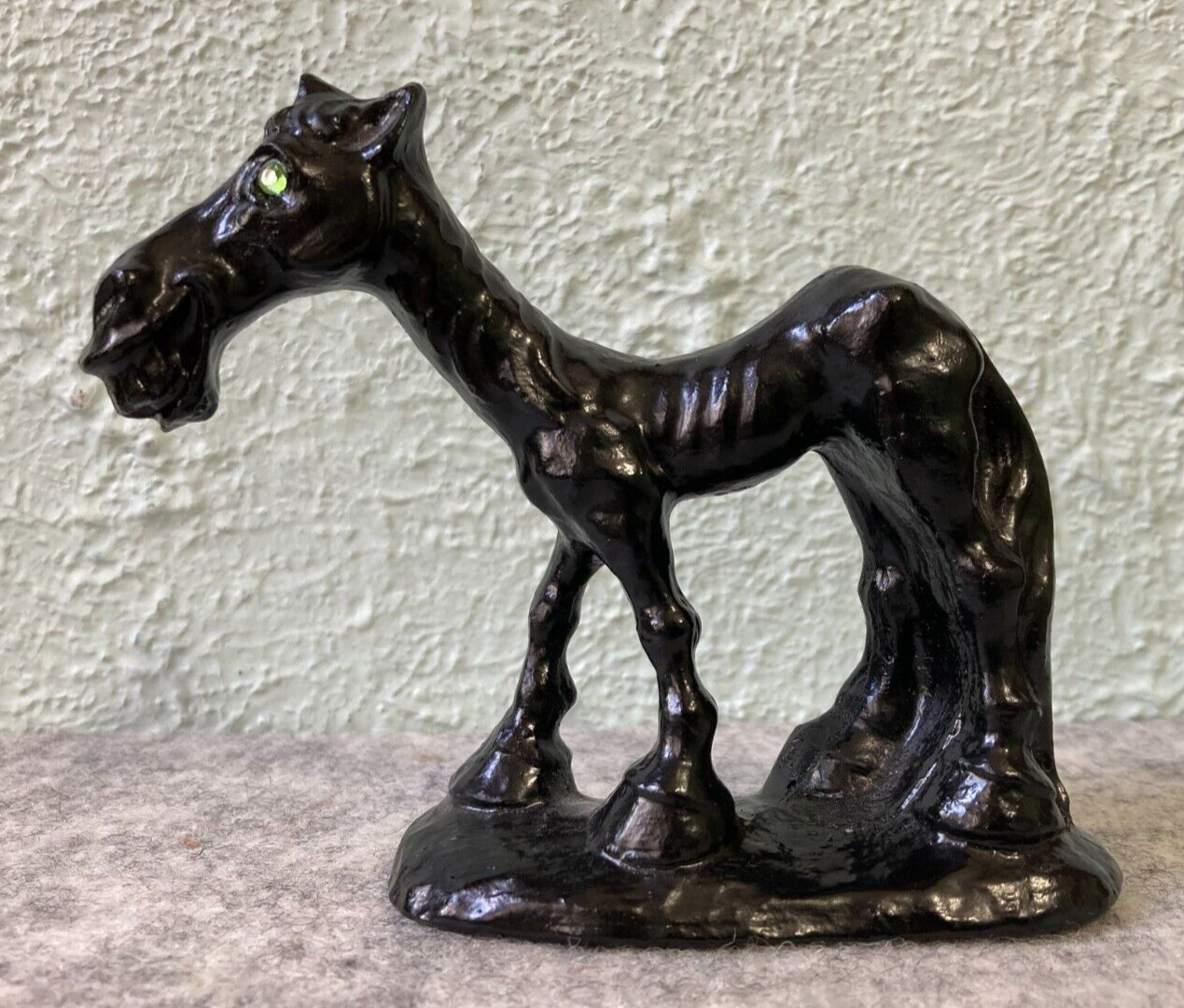 Vintage Green Rhinestone Eyes Smiling Starving Horse Mule Hand Crafted from Coal