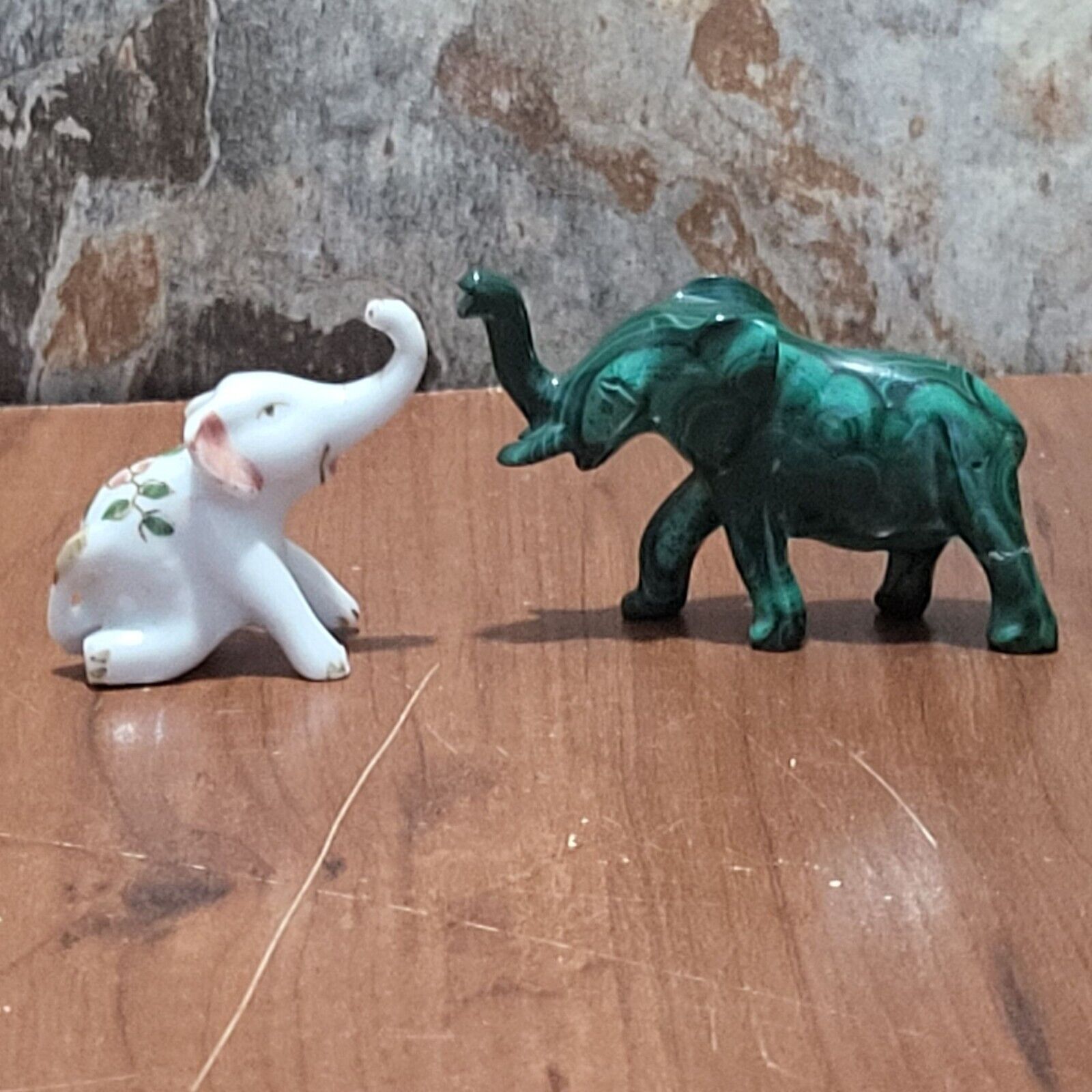 Vintage Porcelain White Green Malachite Elephant Figurine