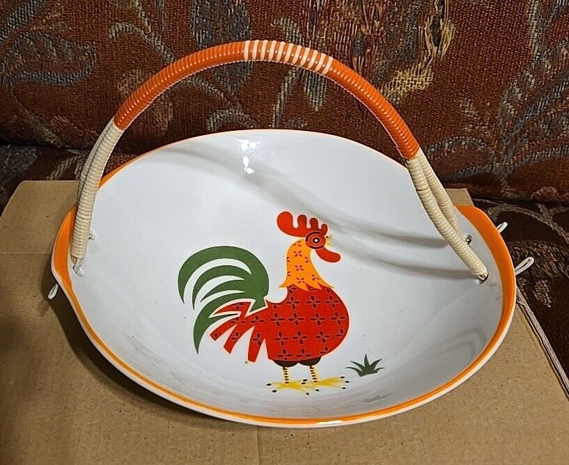Vtg Cute Extreme MCM Rooster Bowl Dish W Wrapped Handle