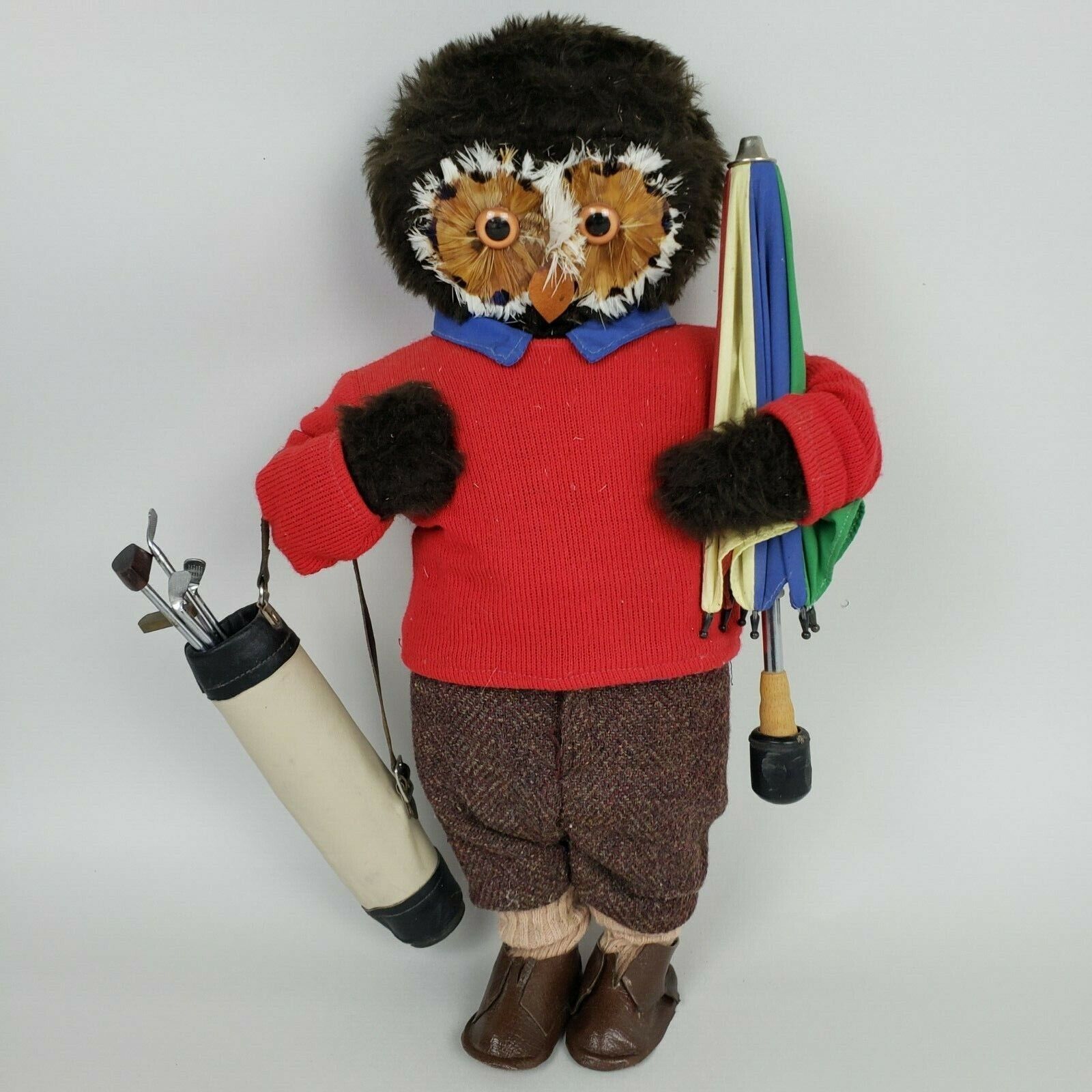 Abercrombie & Fitch Vintage London Owl Golfer Doll Umbrella Golf Clubs Feathered