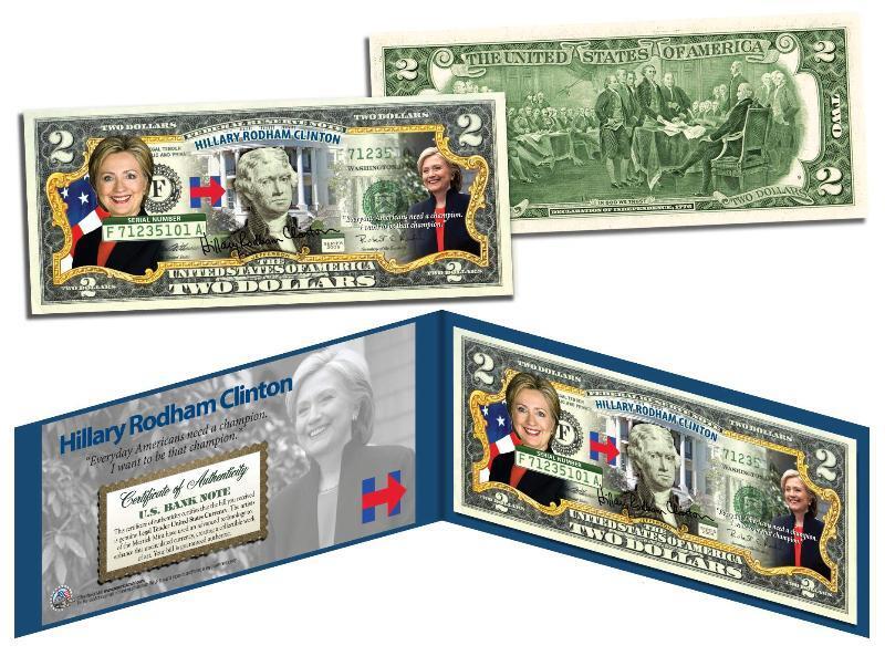 HILLARY RODHAM CLINTON for President 2016 Campaign Colorized Genuine US $2 Bill