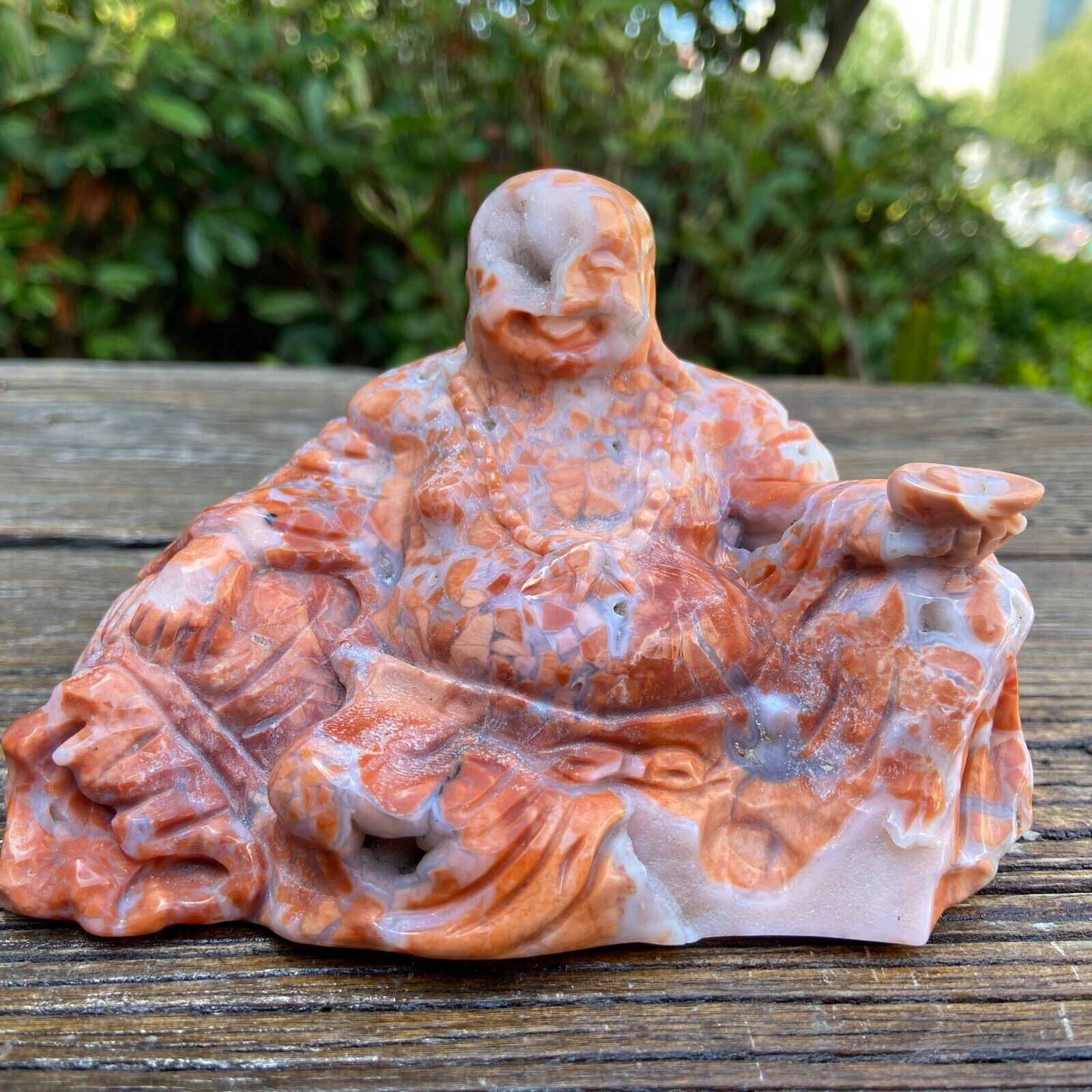 1.3LB 4.6\'\' Natural Pink Agate Maitreya Statue Quartz Decor Crystal Healing Gift
