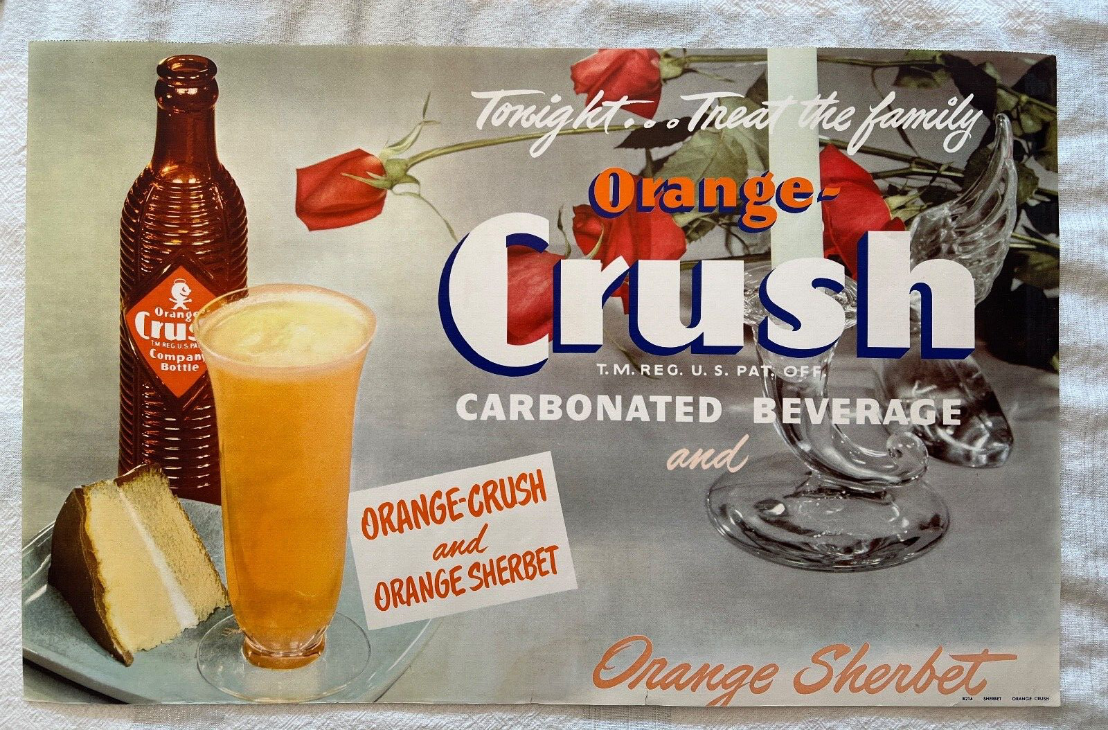 Vintage 1940s Orange Crush Advertising Poster Rare Clean Orange Sherbet B214