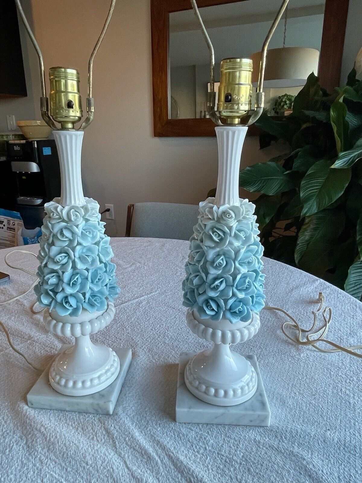 Gorgeous Pair Vintage Capodimonte Blue Ombre Roses