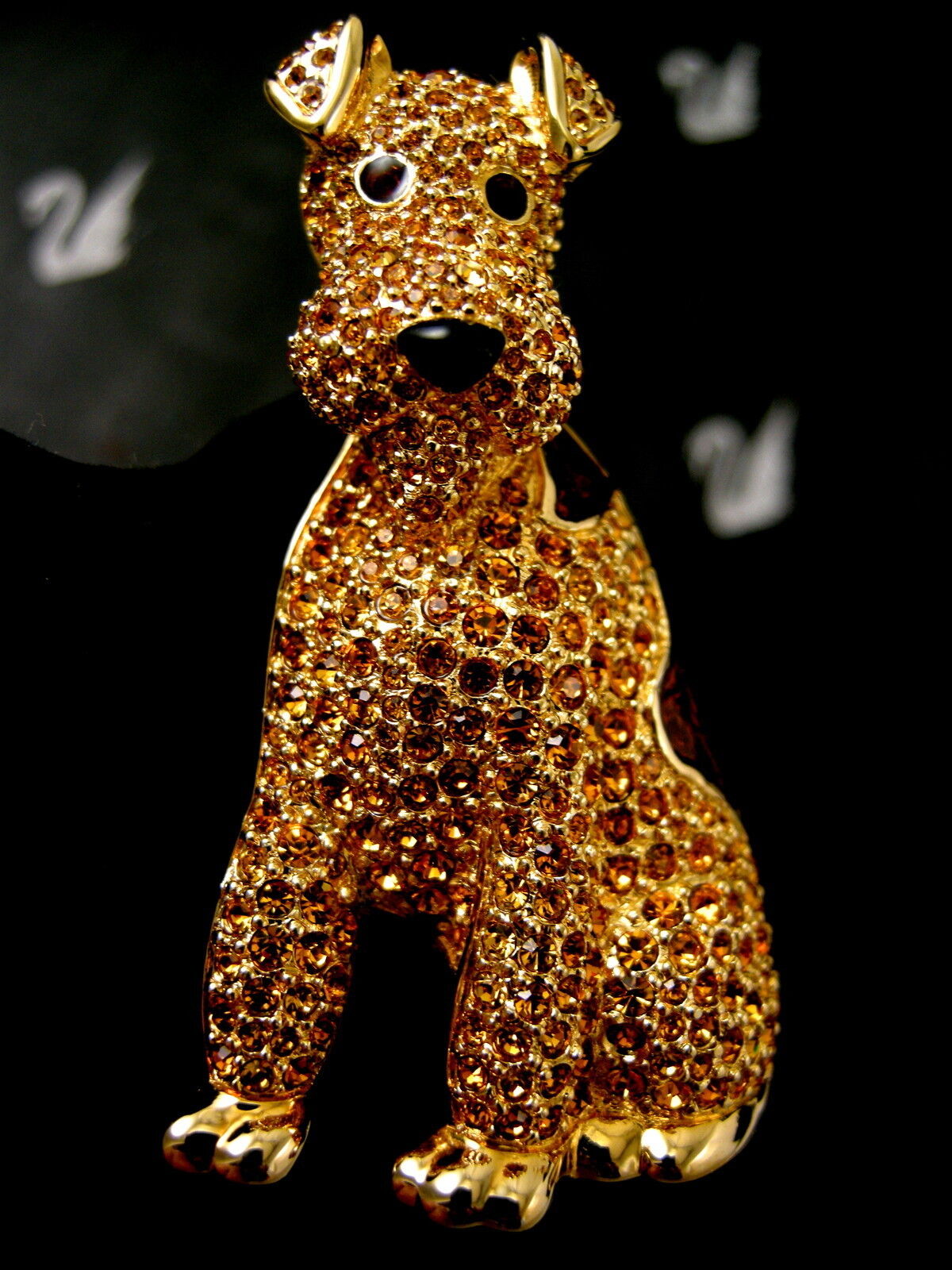 SIGNED CRYSTAL SWAROVSKI AIREDALE DOG PIN~ BROOCH 22KT GOLD PLATED RETIRED NEW 