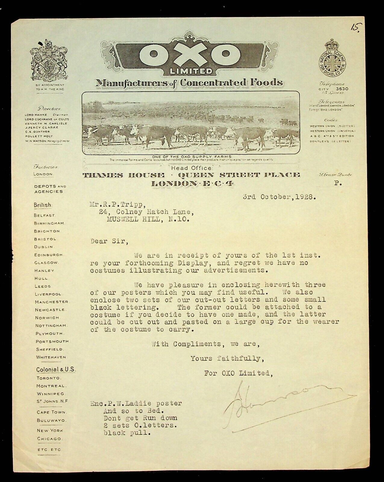 1928 OXO Ltd. Manufacturers of Concentrated Livestock Foods Letter, London UK