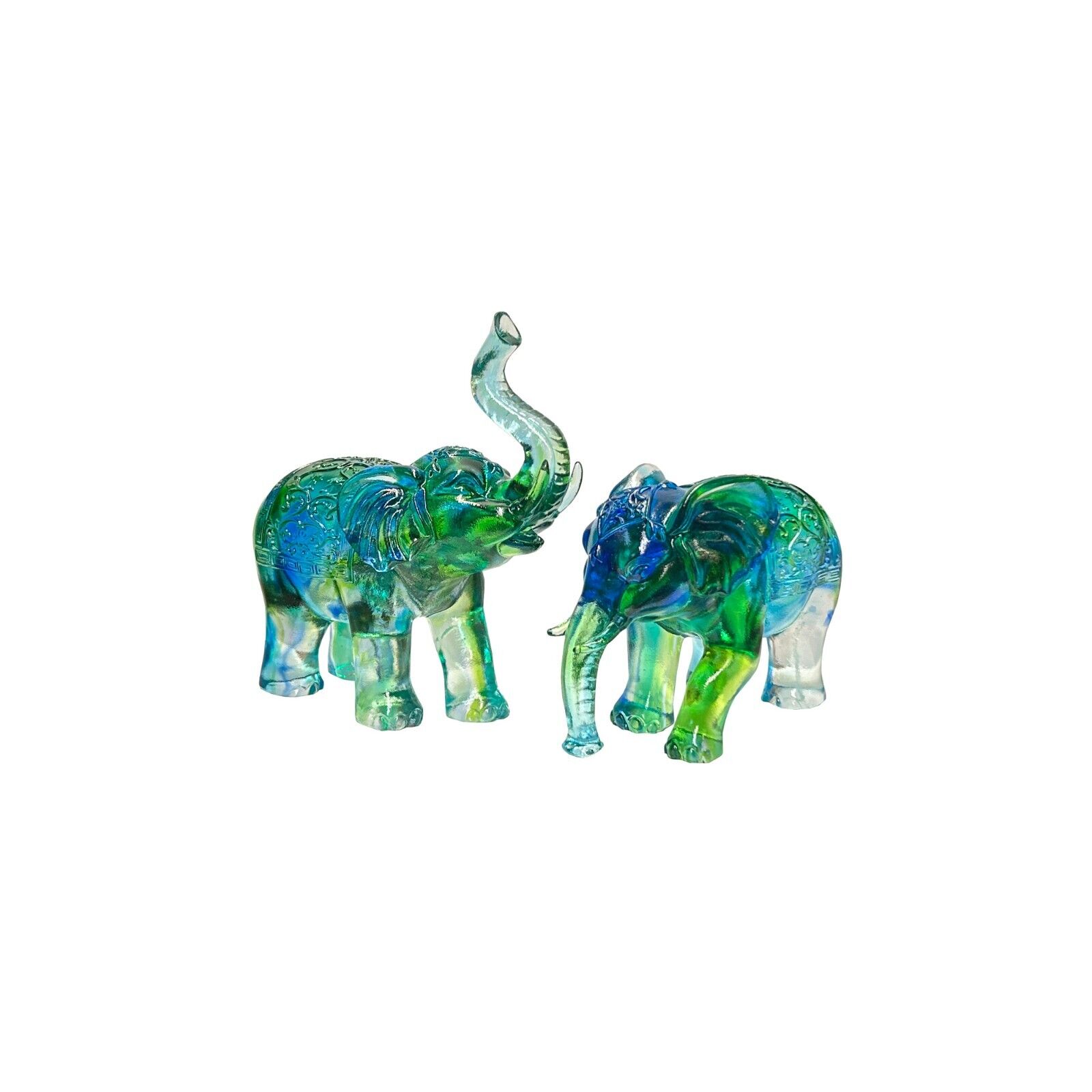 Pair Green Crystal Glass Fengshui Fortune Trunk Up Elephant Statues ws3641