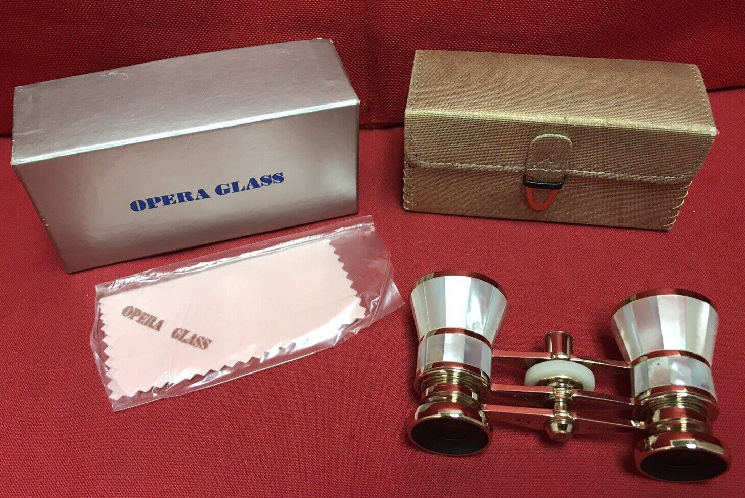 VTG JAPAN OPERA GLASSES 3X MOTHER OF PEARL/BRASS ORIG CASE/CLOTH/2ND BOX-EUC