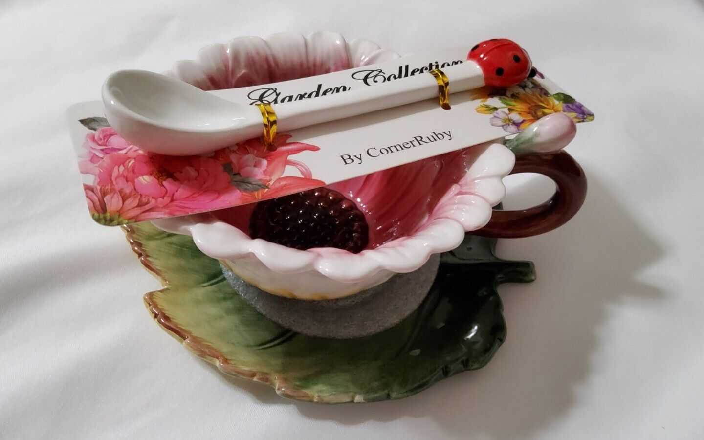 Corner Ruby Garden Collection Sunflower Cup and Leaf Saucer with Ladybug Spoon