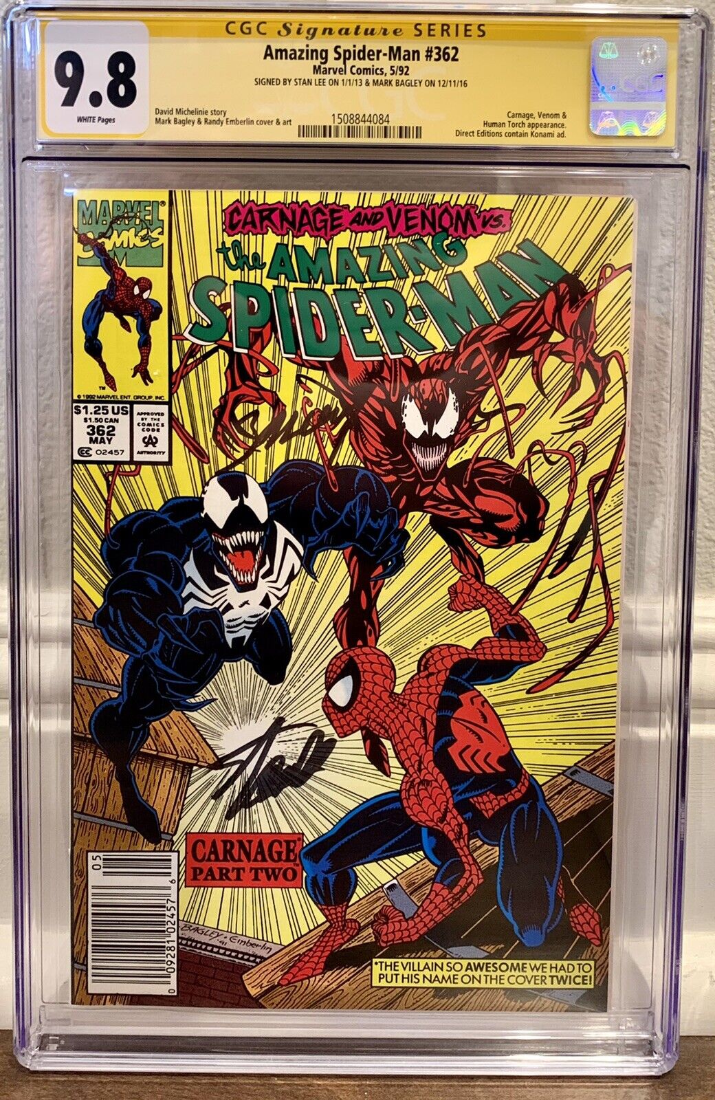 SPIDER-MAN #362 CGC 9.8 SS Stan Lee & Bagley 1st Carnage Venom Cover “Newsstand”