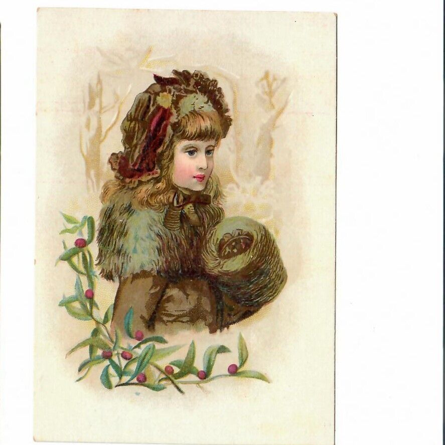 Victorian Trade Card Girl 1890\'s Christmas Coat Fur Collar & Muff Cranberries