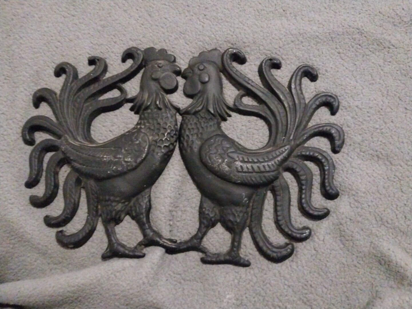 Set of 2 Vintage Black Cast Iron  Rooster Wall Hangings Trivits Farmhouse Decor