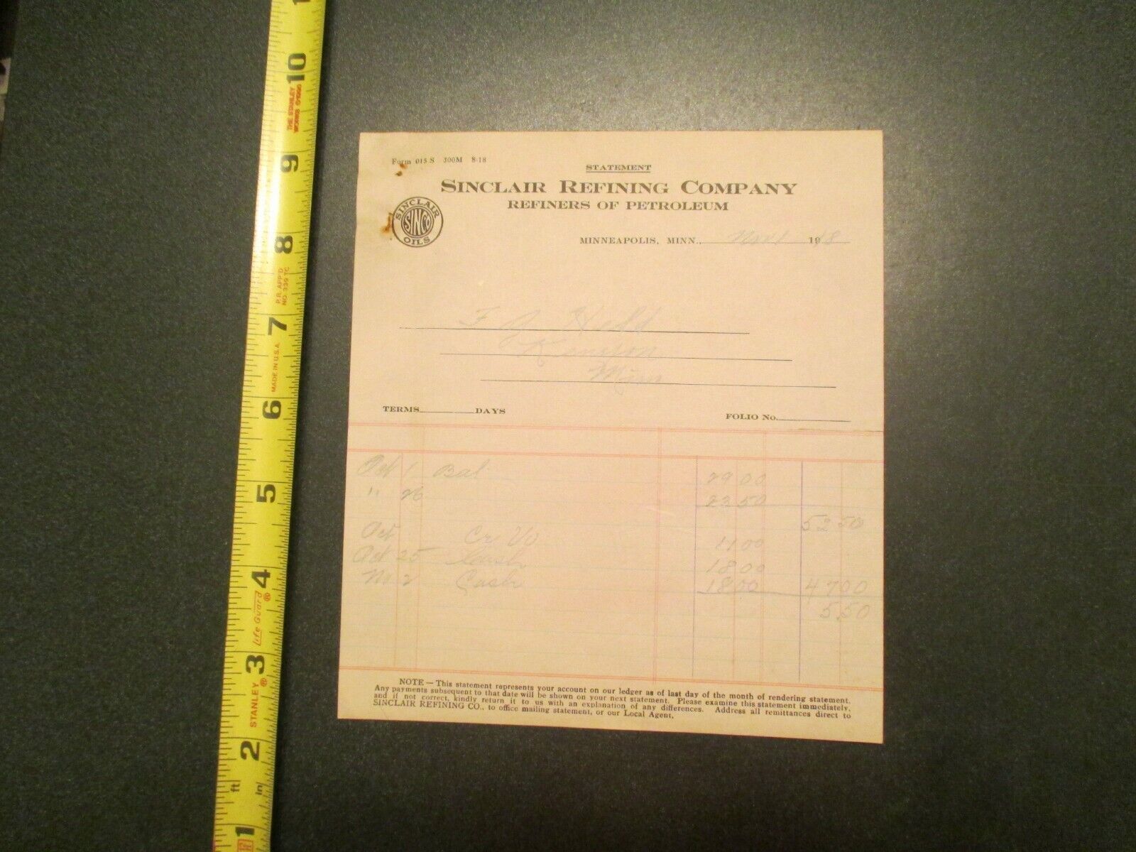 Sinclair Refining Company 1918 Gas Oil invoice Letterhead 1392