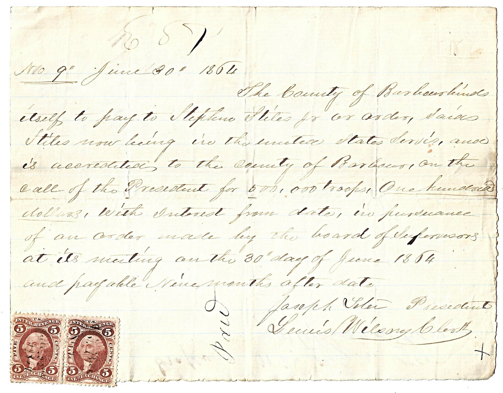 RARE – 1864 $100 Bounty Bond Barbour County, West Virginia on Necessity Paper