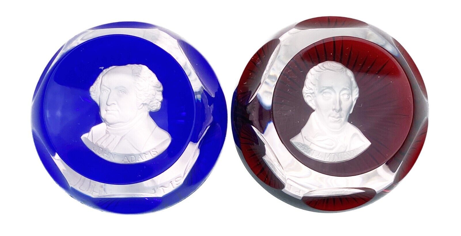 Franklin Mint Cameos Crystal John Adams Baron de Montesquieu Paperweights