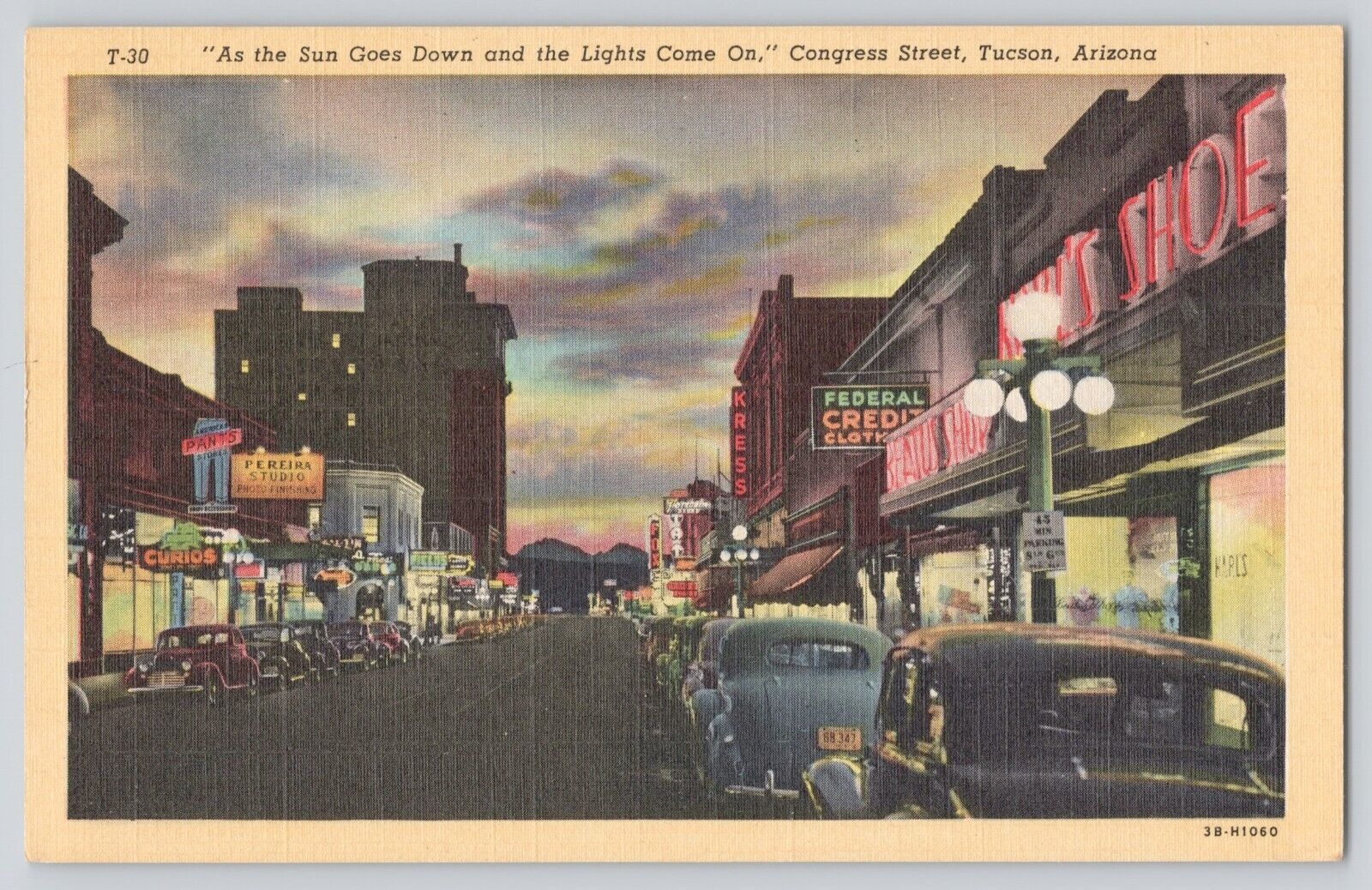 Postcard Arizona Tucson Congress Street At Night Cars Shops Curios Vintage Linen