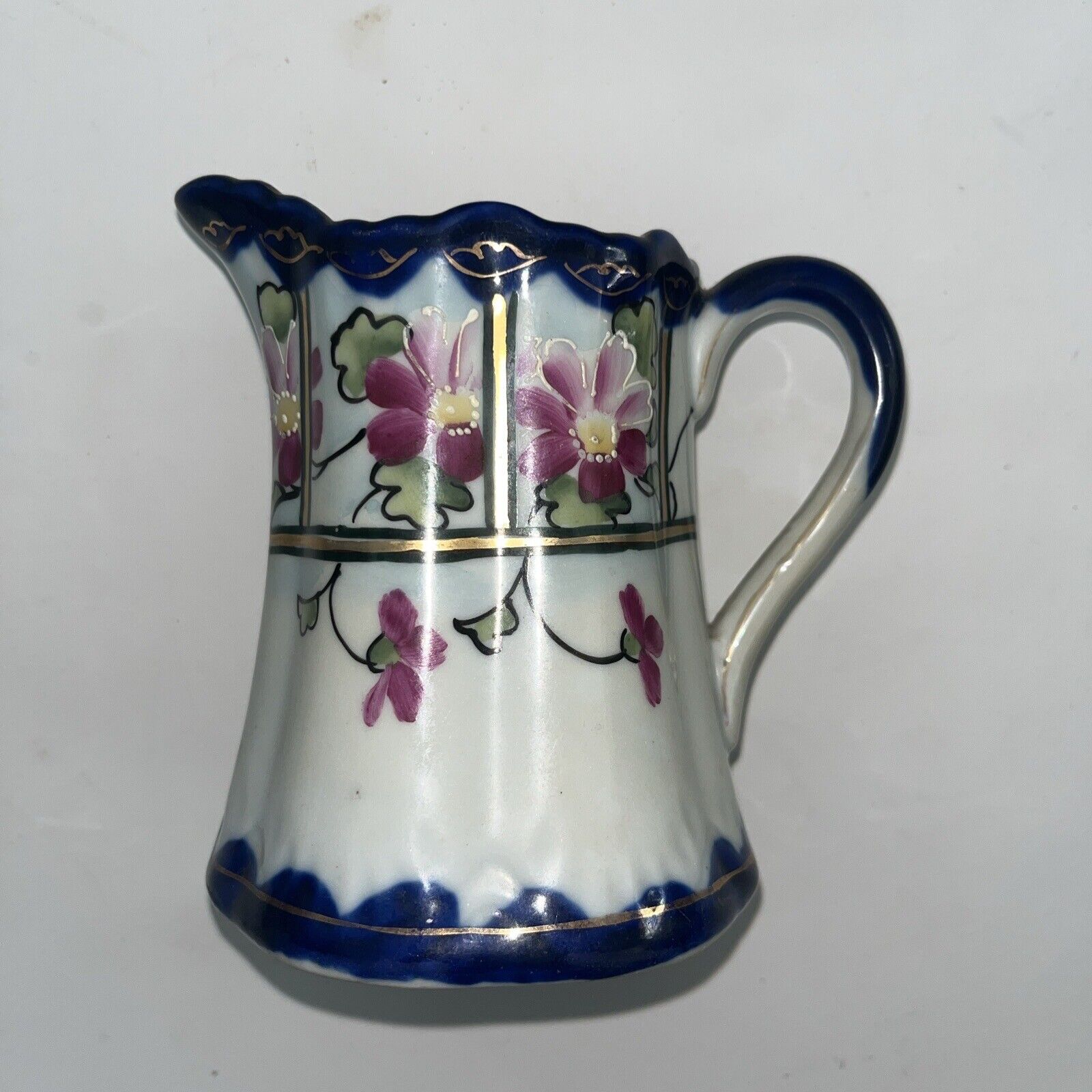 Vintage  Japanese Porcelain Hand Painted Cobalt Blue Creamer Vase Pitcher Flower