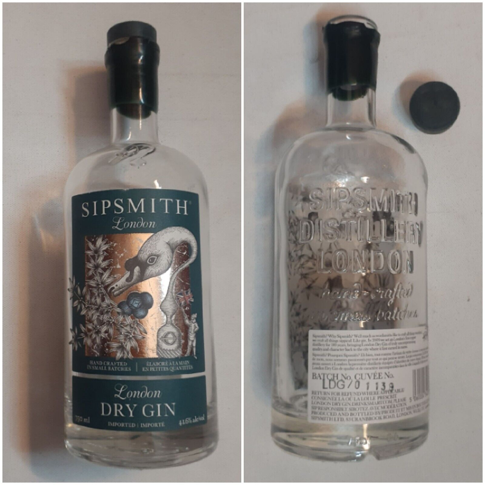 Sipsmith Gin London Dry Empty 750ml Bottle & Cap Alcohol Liquor Movie Film Prop